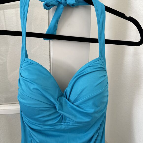 Liz Claiborne One Piece Swimsuit Womens Size 10 Aqua Blue Halter Strap Ruched - Picture 2 of 11